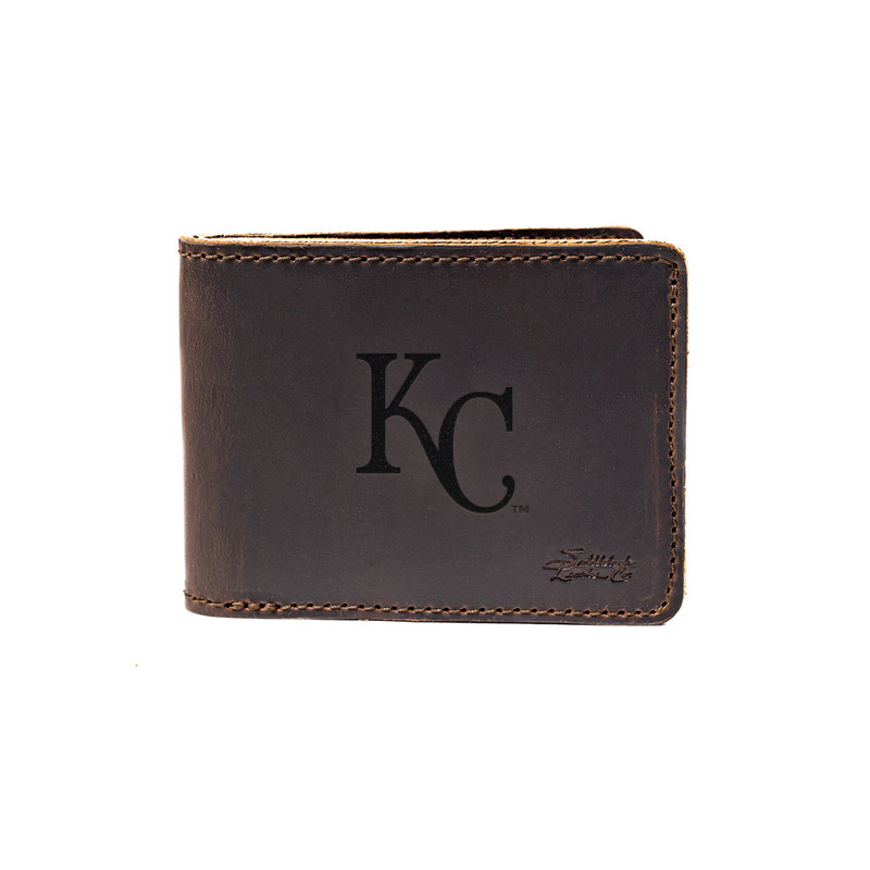 High quality dark brown colored leather bifold wallet with the Kansas City Royals logo on it. Made by Saddleback