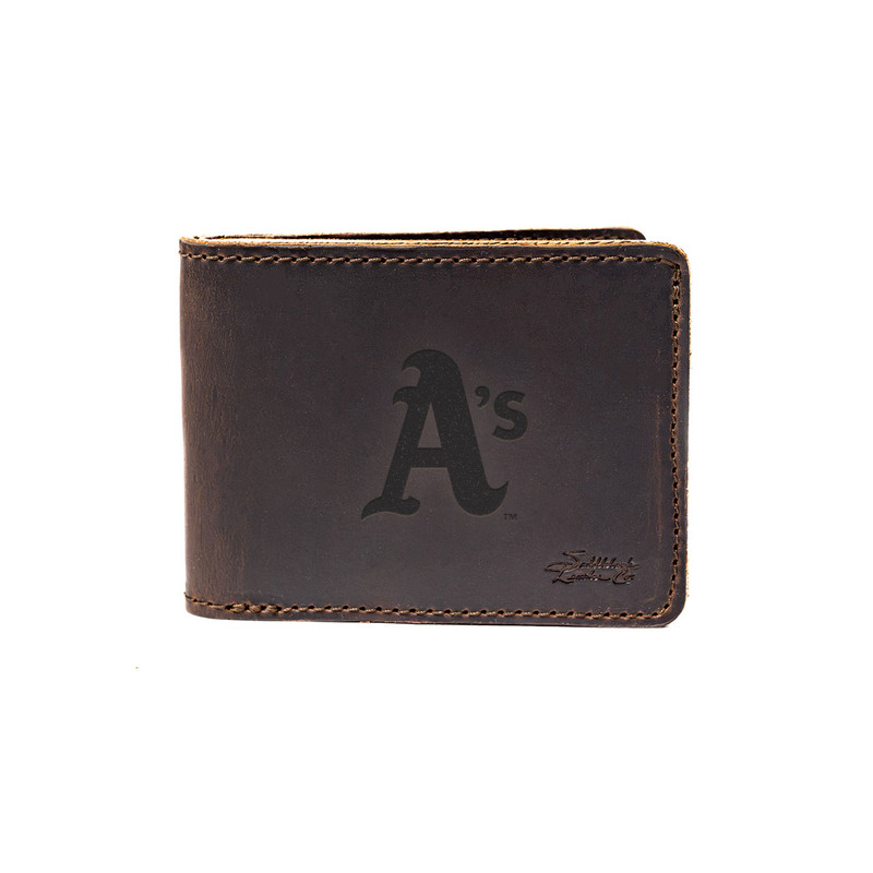 High quality dark brown colored leather bifold wallet with the Oakland Athletics logo on the front. Made by Saddleback