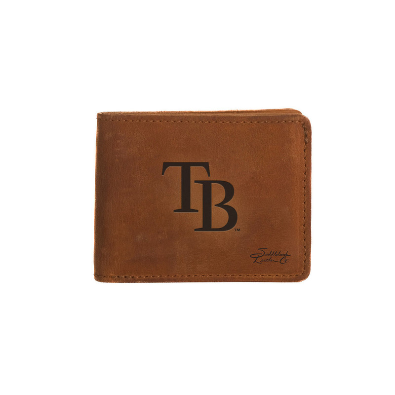 High quality tan colored leather bifold wallet with the Tampa Bay Rays logo on the front. Made by Saddleback