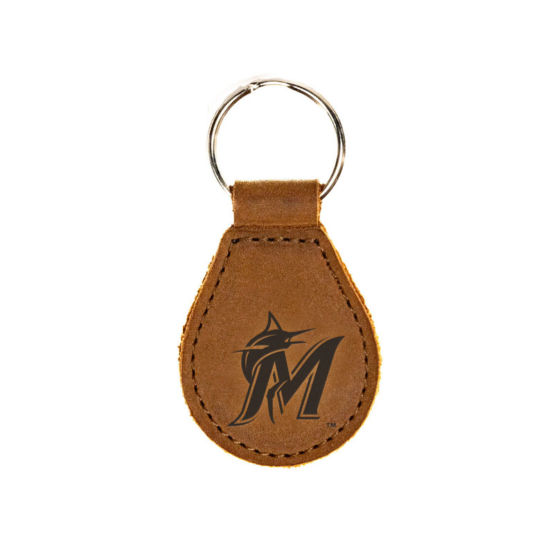 High quality tan colored leather keychain that has the Miami Marlins logo on the front. Made by Saddleback