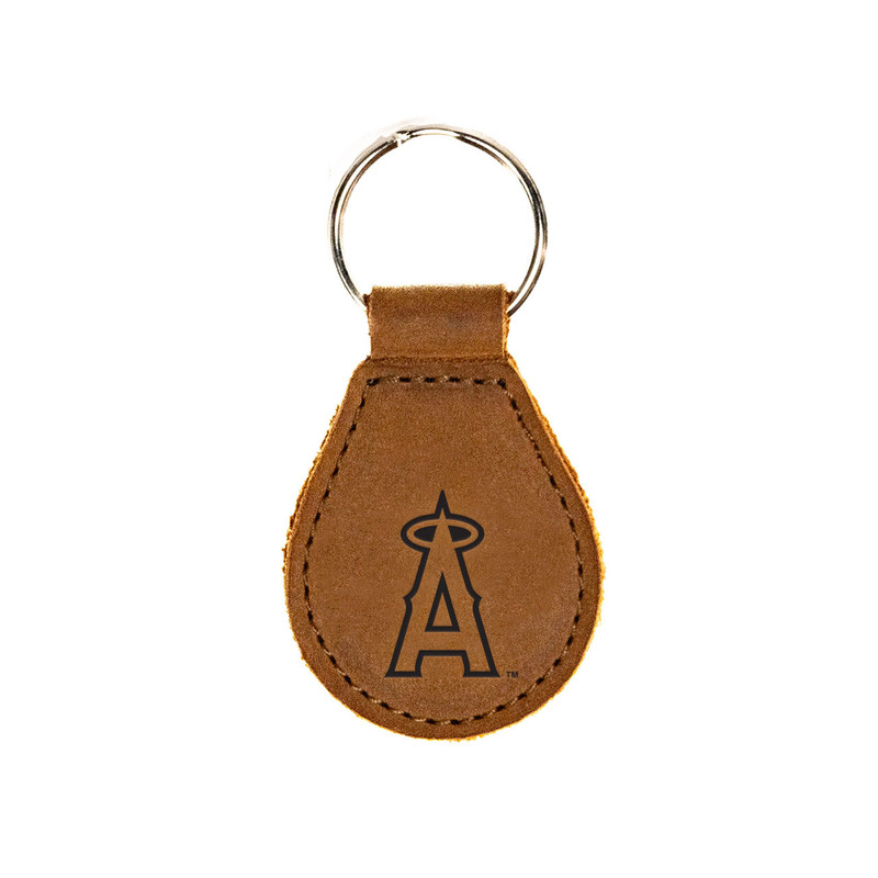 High quality tan colored leather keychain with the Los Angeles Angels logo on the front. Made by Saddleback