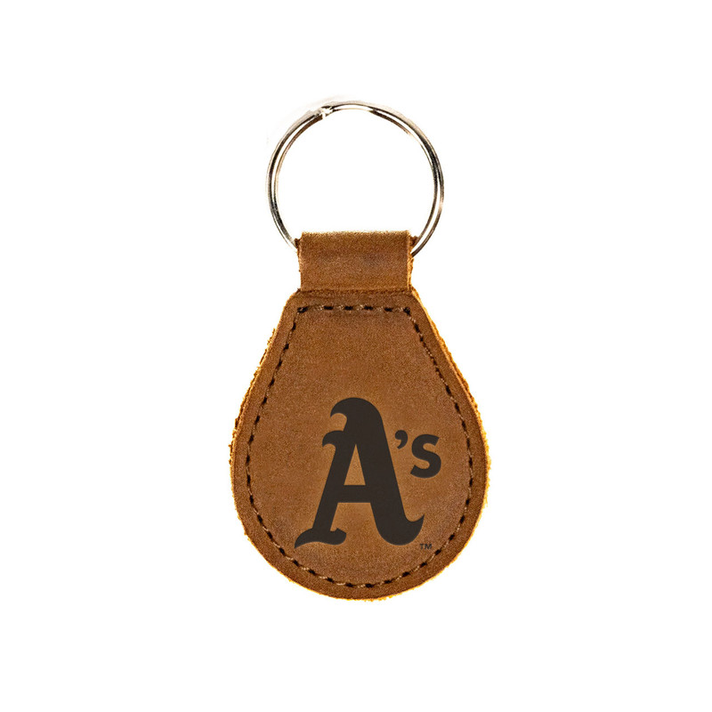 High quality tan colored leather keychain with the Oakland Athletics logo on the front. Made by Saddleback