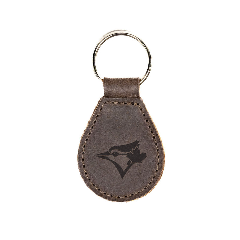 High quality dark brown colored leather keychain with the Toronto Blue Jays logo on the front. Made by Saddleback