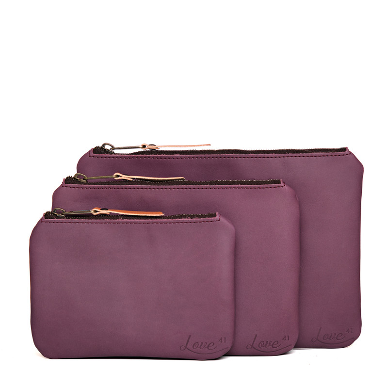 Leather Pouches - Set of Three - Plum
