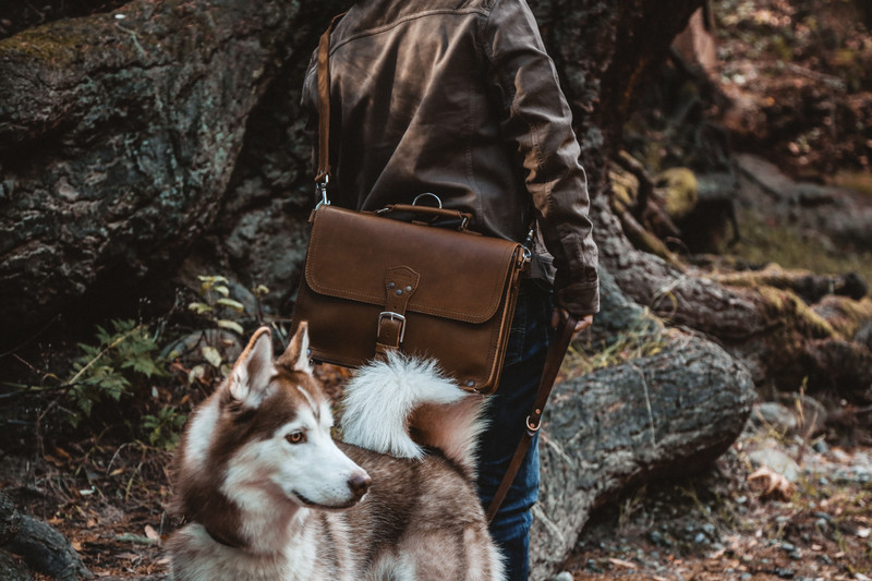 This is a picture that a customer took of their dark brown leather briefcase with their dog.