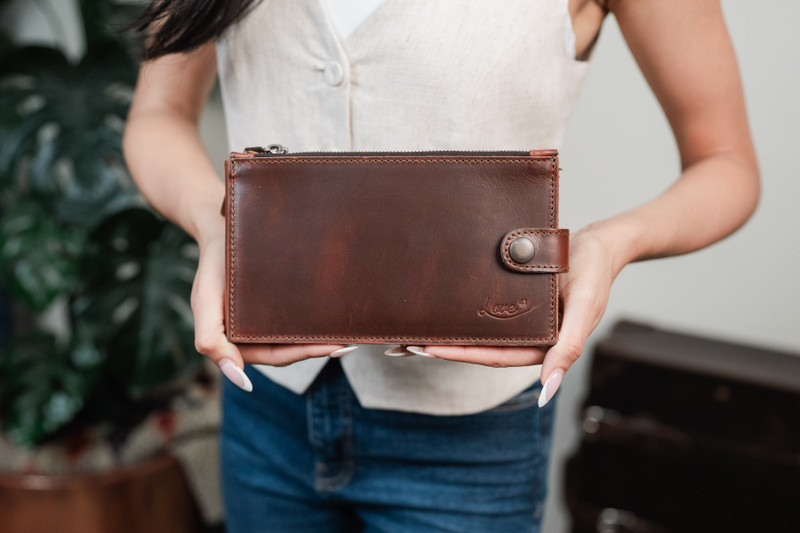 The Leather Long Wallet in Chestnut  with model