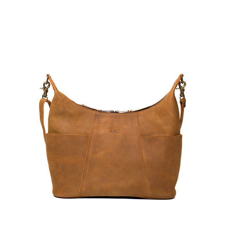 High quality womens hobo leather purse front view tan