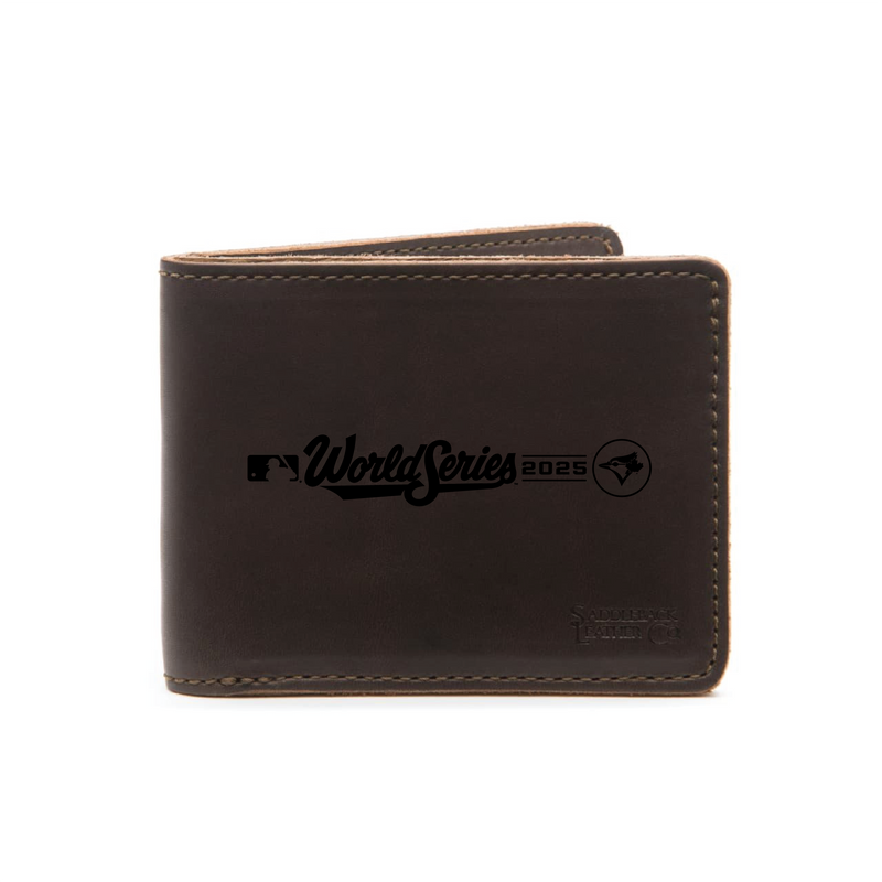 High quality full grain Leather Bifold Wallet - Toronto Blue Jays - World Series front view - Saddleback Leather
