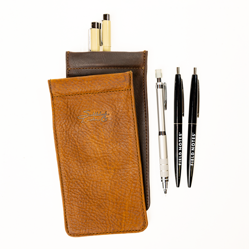 bear trap leather pen case with tumbled leather in dark coffee brown and tan together
