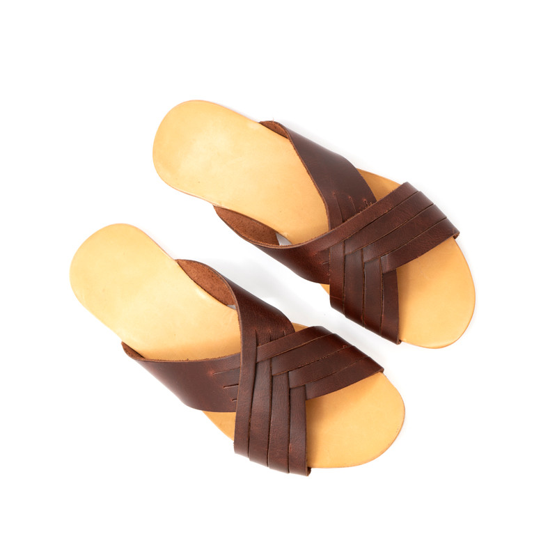 High quality top down image of the dark brown womens sandals