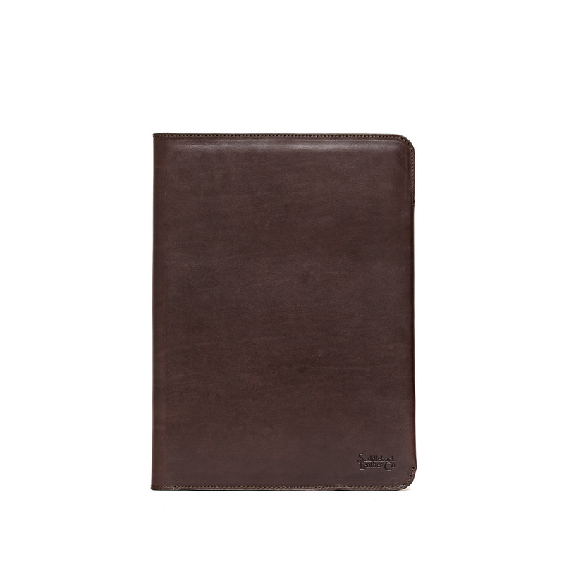High quality front view of the dark brown medium leather portfolio