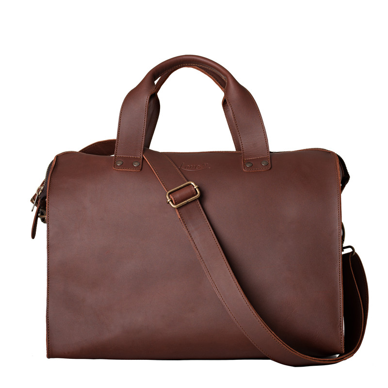 High quality front of the simple overnight leather duffle bag in red brown