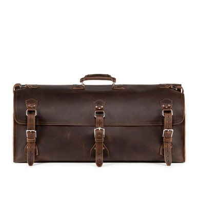 High quality dark brown full grain Dave's Deals 34" Beast Leather Duffle Bag - Dark Coffee Brown front view - Saddleback Leather
