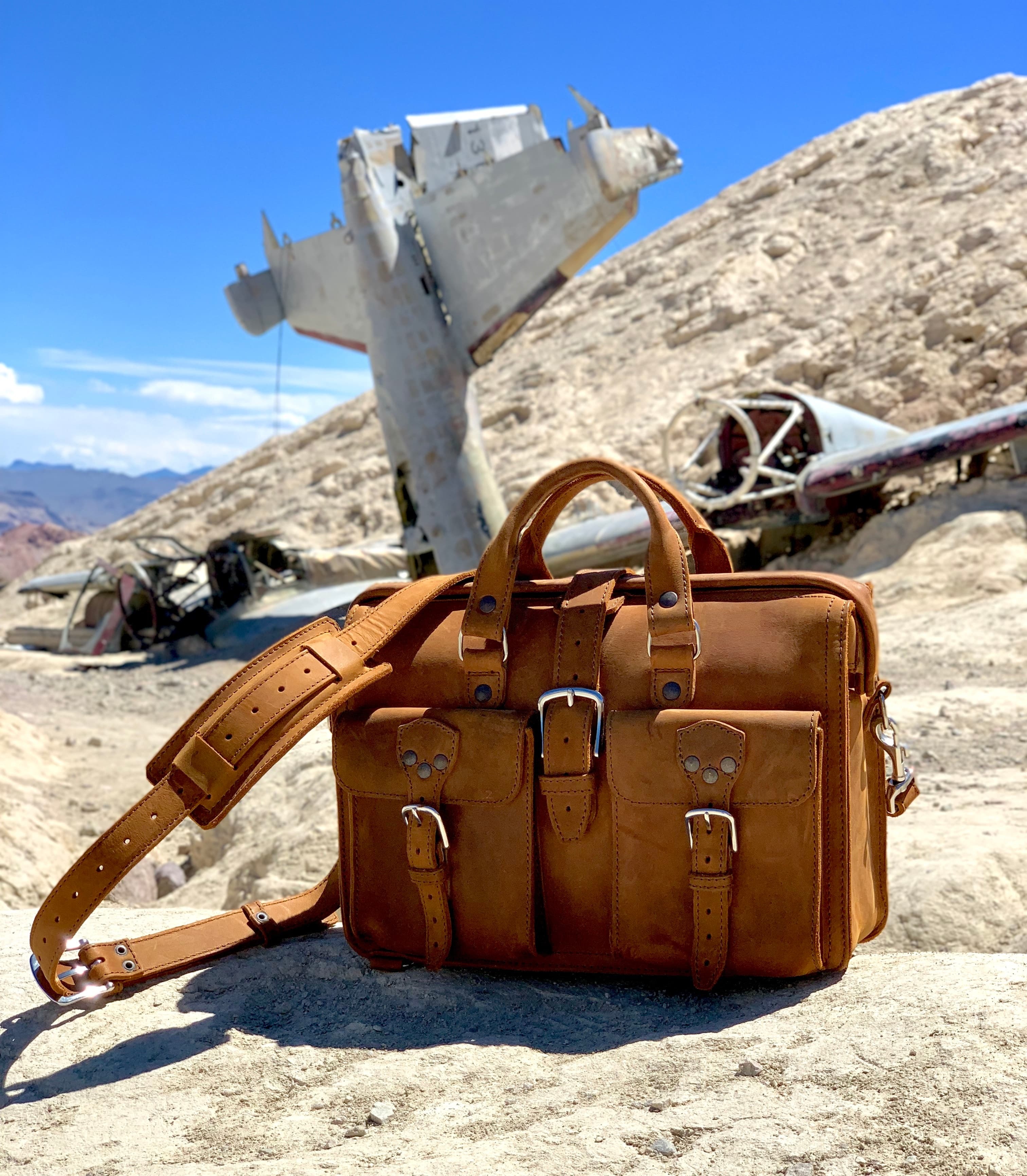 Full grain leather briefcase at plane crash.