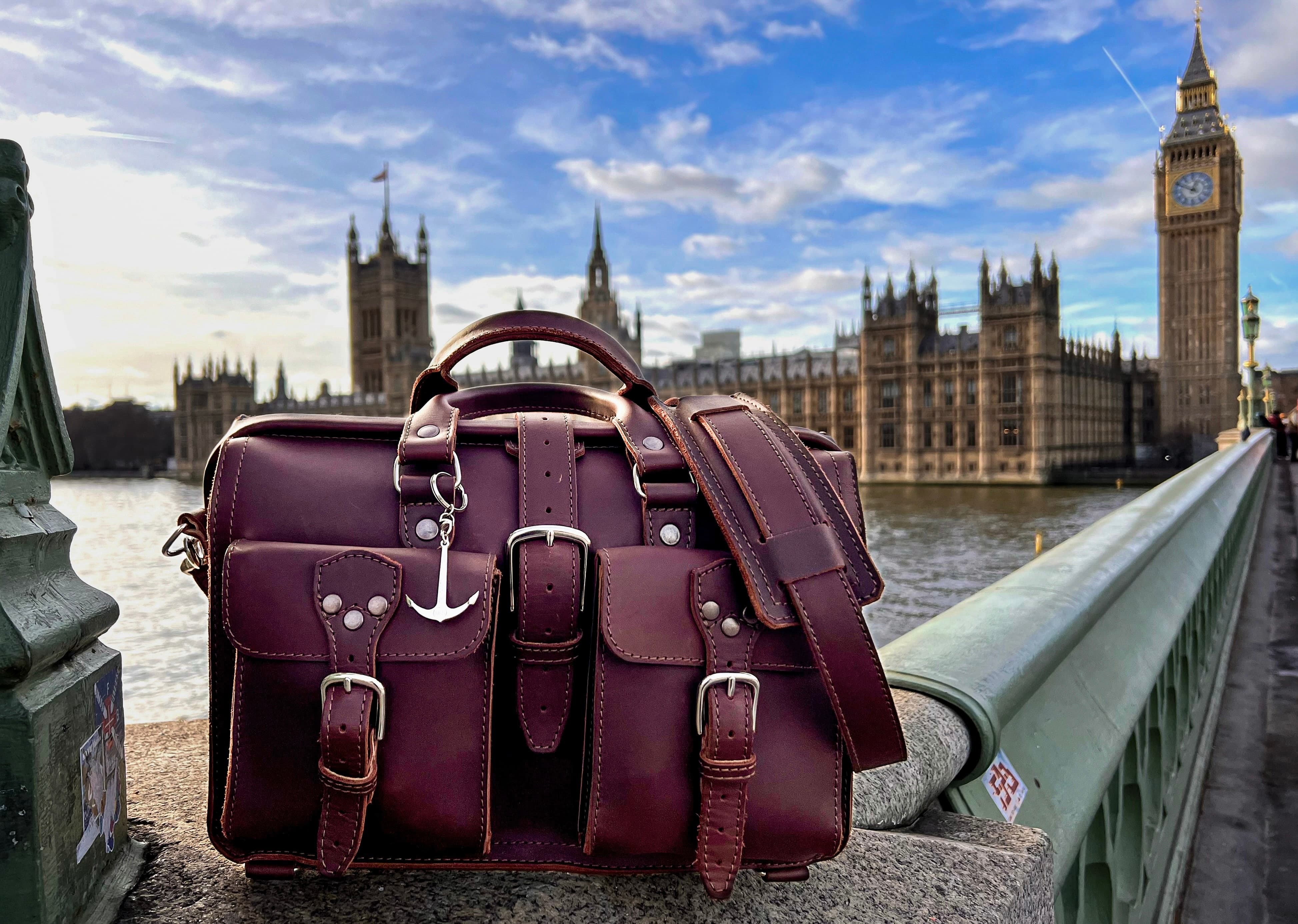 Saddleback Leather briefcase in London, England.