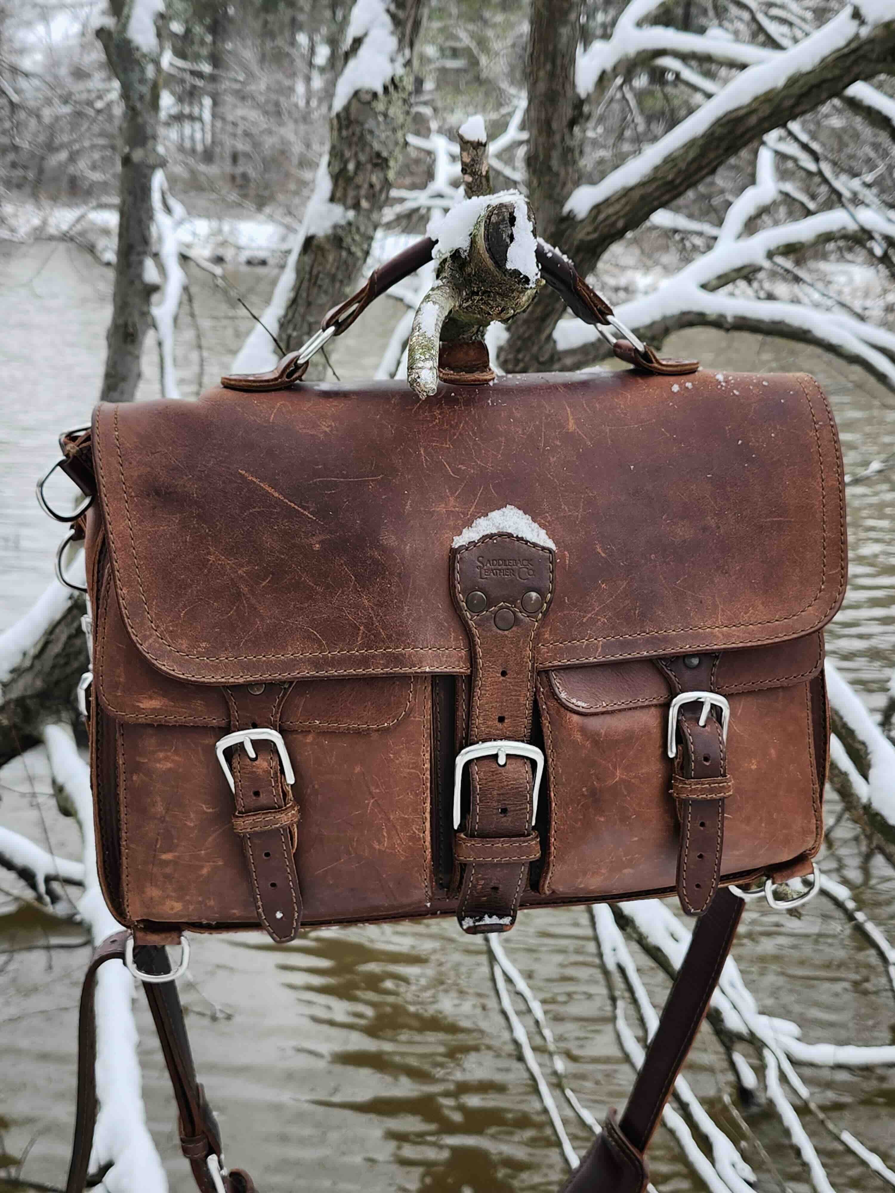 Natural full grain leather briefcase with patina.