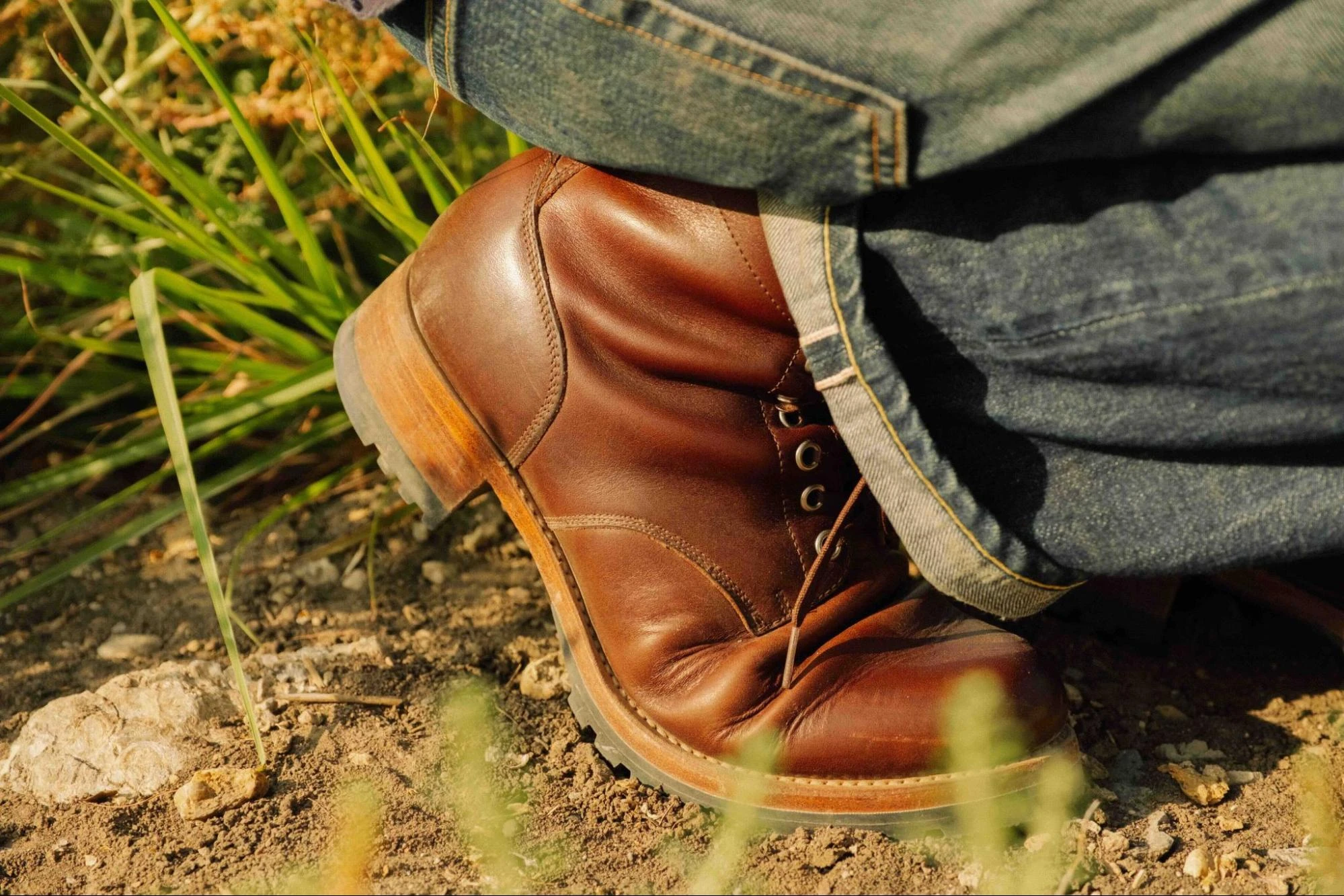 Close up of a Dark Coffee Brown Huntsman Boot worn outdoors
