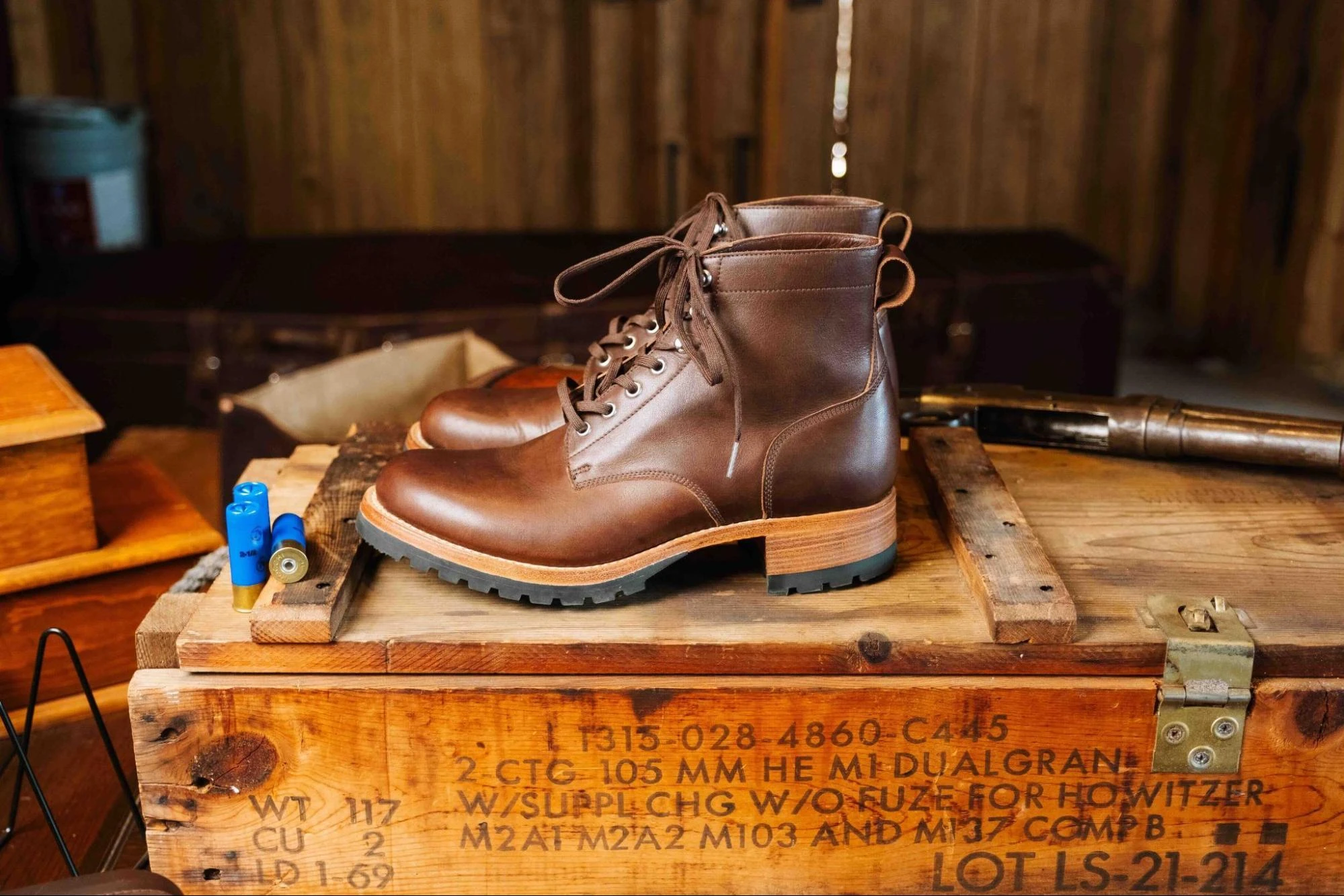 Dark Coffee Brown Huntsman Boots showing the leather welt and stacked heel