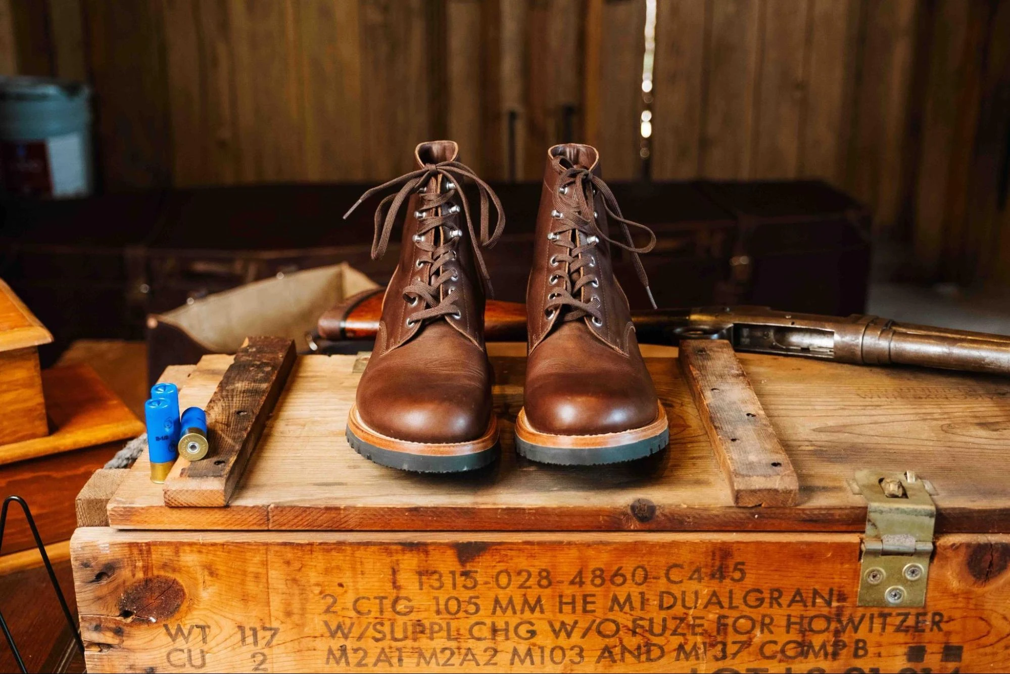 Front view of Dark Coffee Brown Huntsman Boots showing the wide toe box