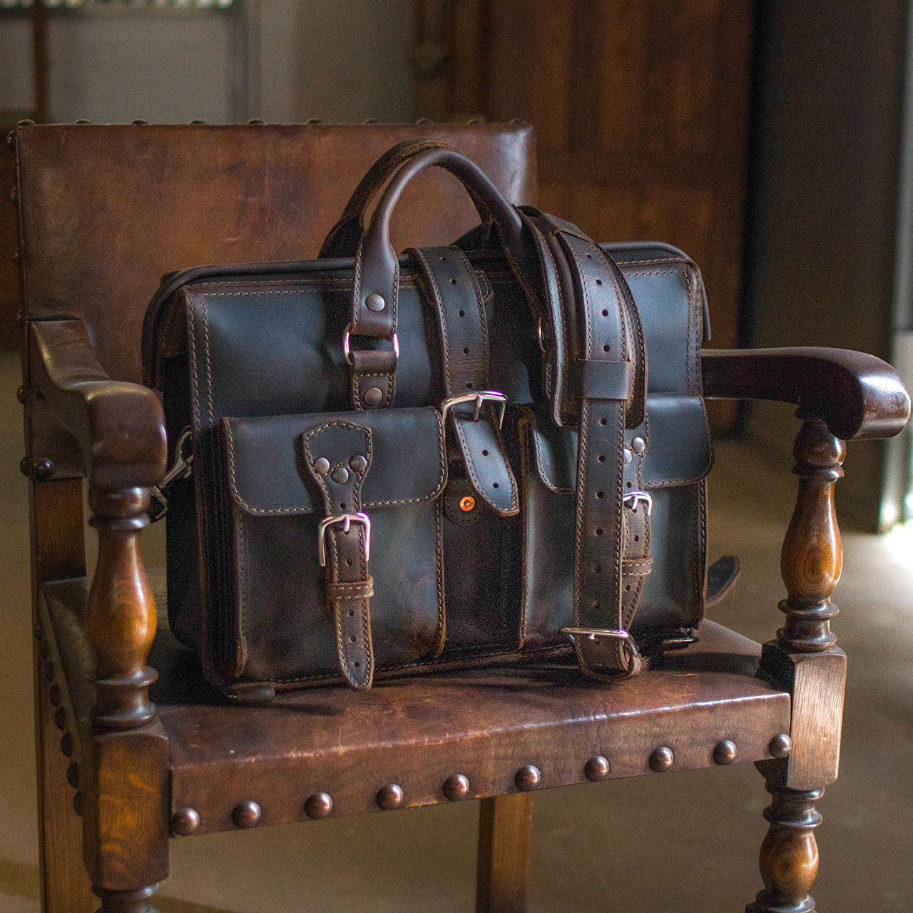 Dark brown leather briefcase for pilots by Saddleback.