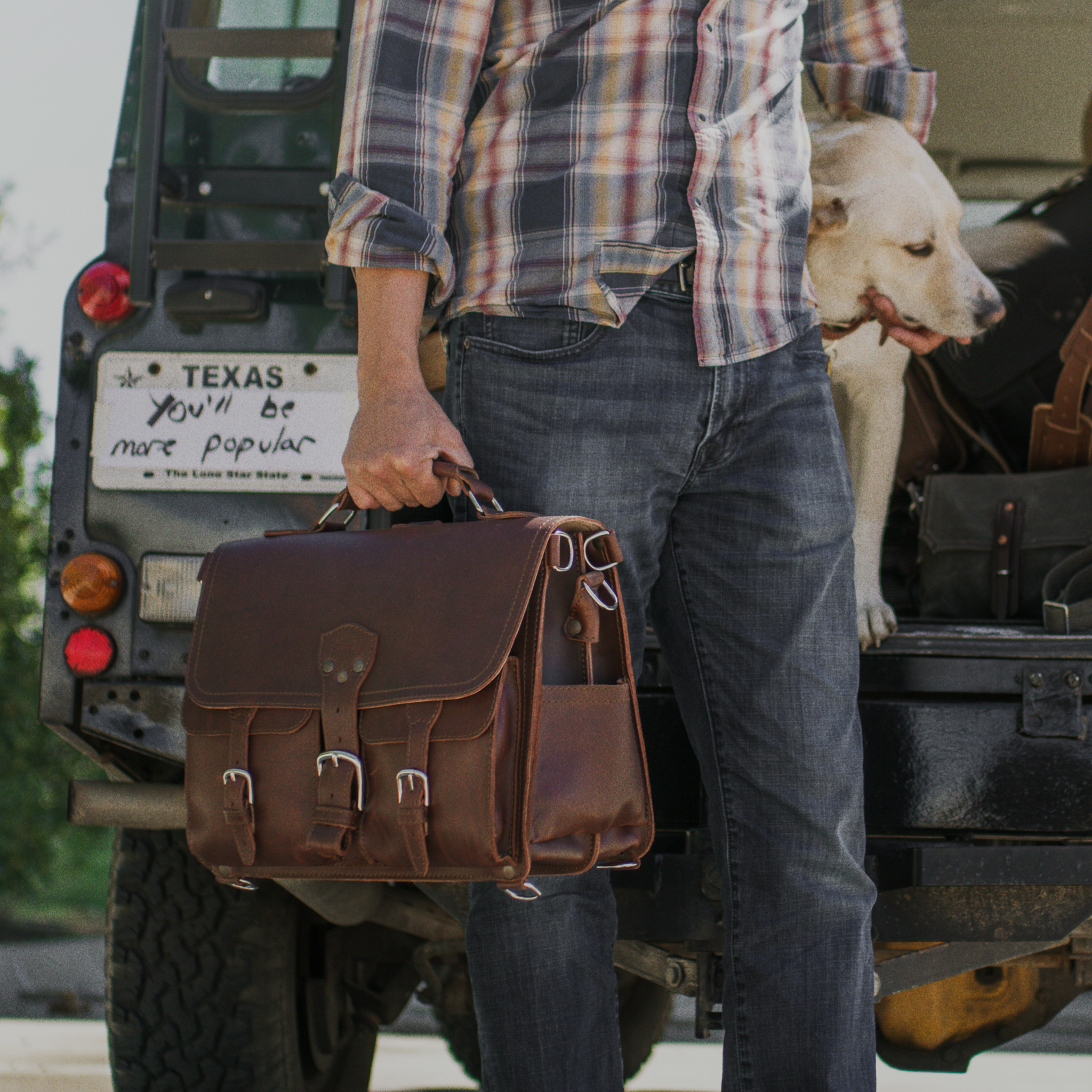 Leather briefcase with removable shoulder strap.
