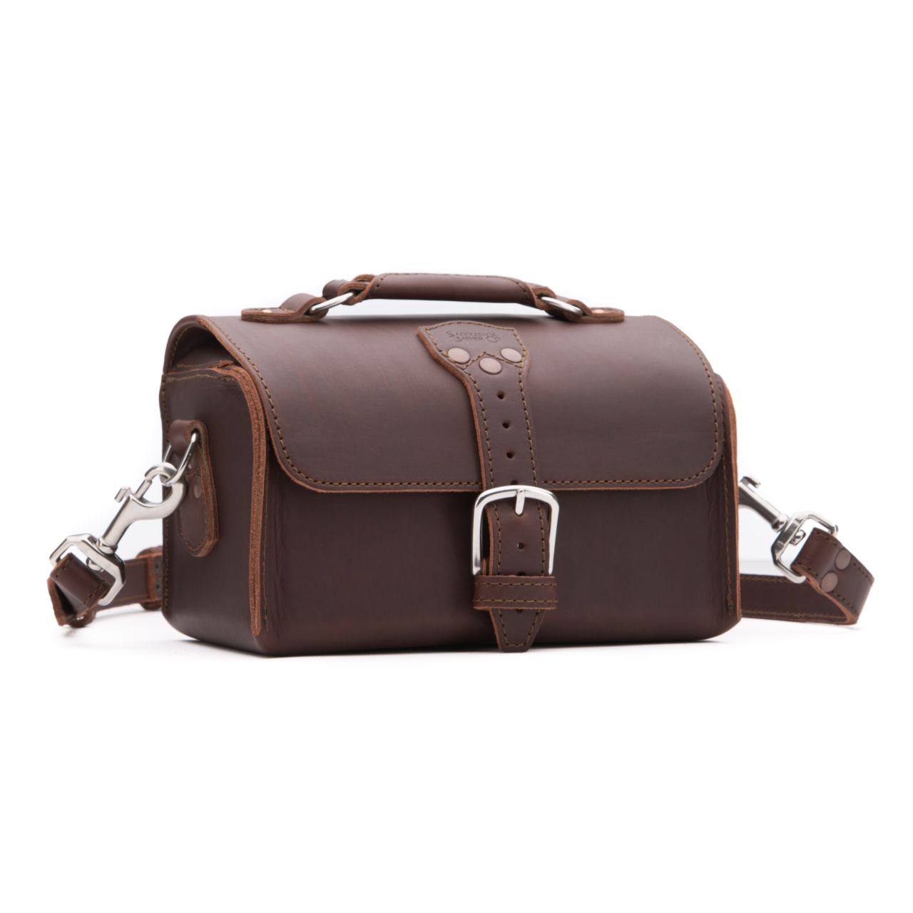 This is a tan brown leather catchall valet tray from the top.