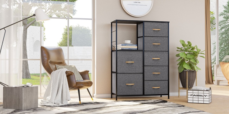 7 Drawers Dresser, Vertical Storage Tower with Shelves, Fabric Bins,  Versatile Cabinet, Organizer Unit