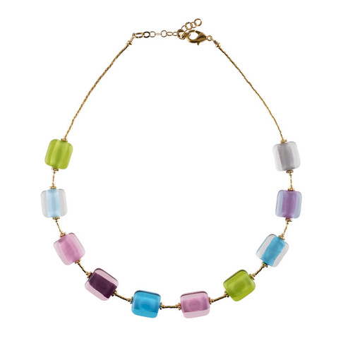 Murano glass green & blue rectangular bead necklace