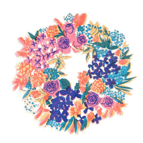 Hand printed floral wreath wooden print