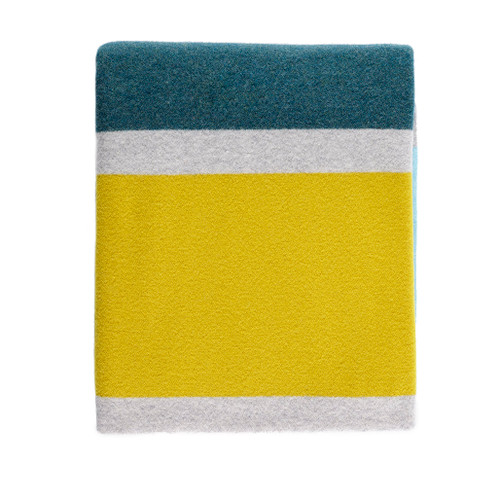 100% pure new wool in orange, yellow, white, and blue throw