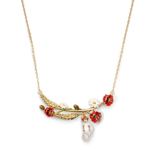 Harvest mouse, flowers & corn gold plated necklace