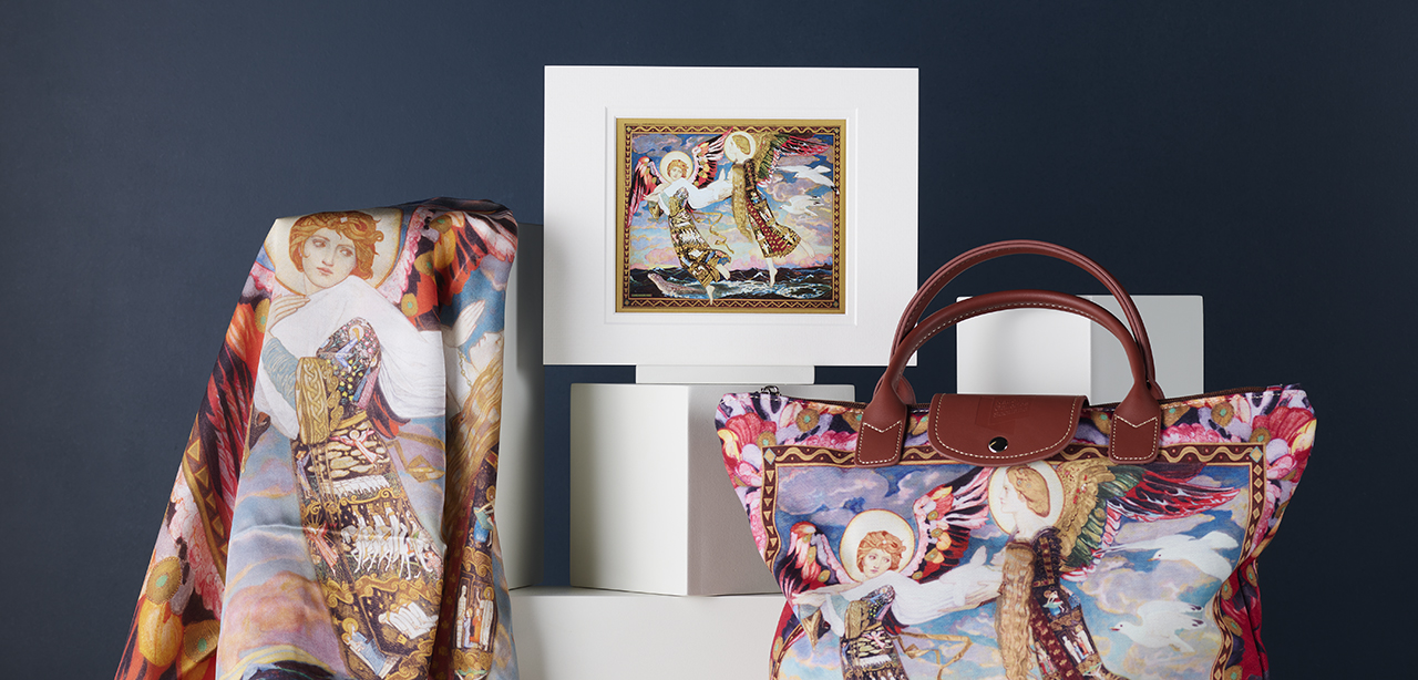 Bag, silk scarf and mounted print featuring  Saint Bride by John Duncan