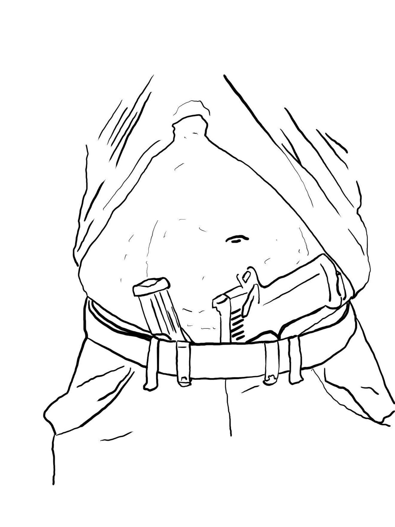 Sketch of a sidecar holster carried at the appendix position, showing the gun and magazine carrier joined as a single unit at the centerline of the body.