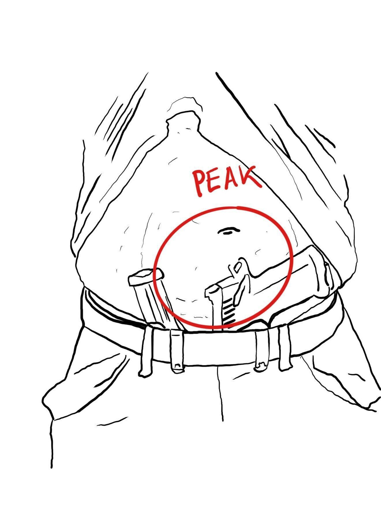 Sidecar holster forced onto a torso peak: the gun sits directly on the centerline bulge, marked with a red circle, causing the grip to print through clothing.