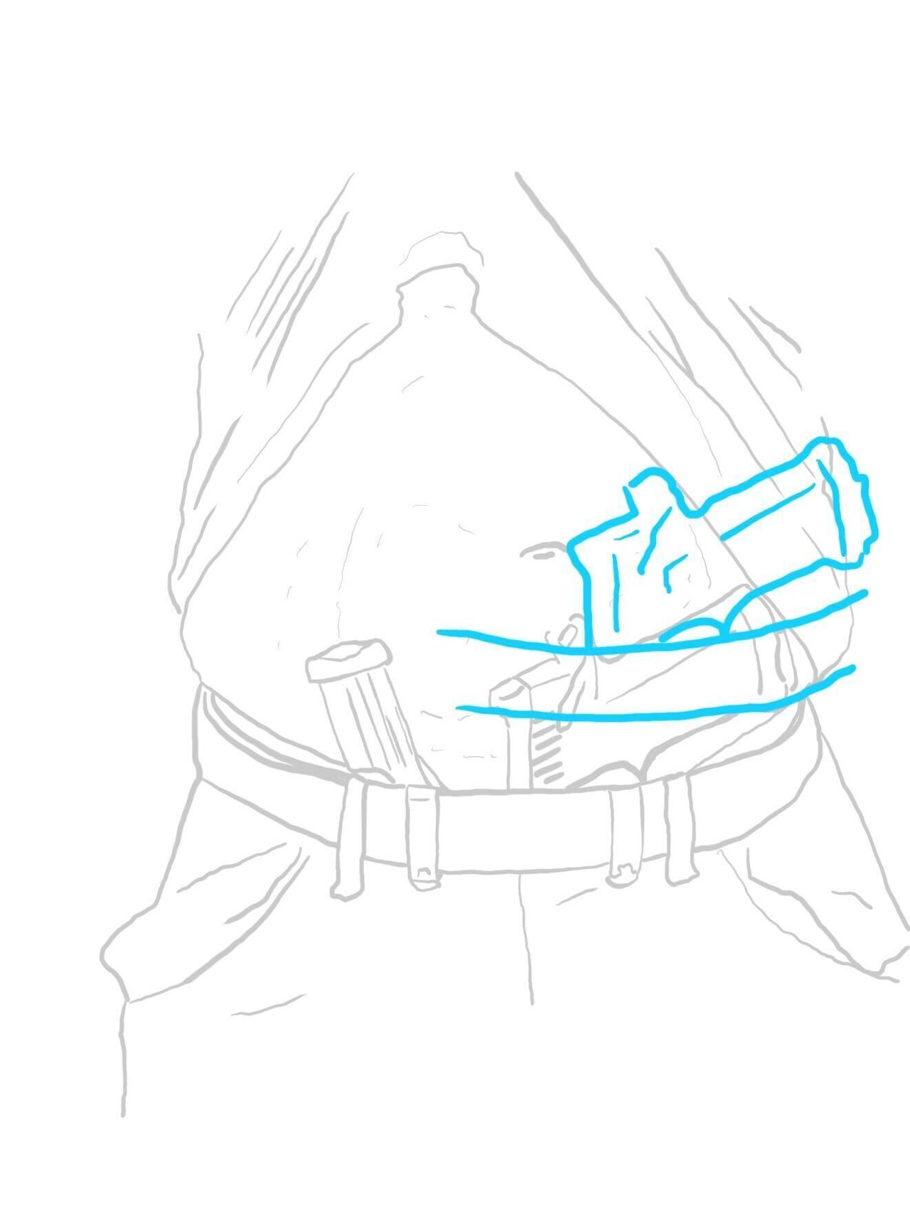 The same torso with the gun and magazine relocated outward to the valley positions at 10:30 and 1:30, illustrated in blue, where they conceal cleanly.