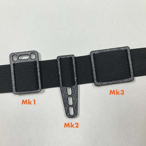 Photo of three magazine pouch adapters on an Enigma belt.