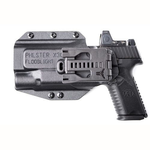 Universal OWB Floodlight Holster, compatible with Blade Tech, G-Code, and Safariland attachments, adjustable and customizable for various pistol configurations and carry styles.