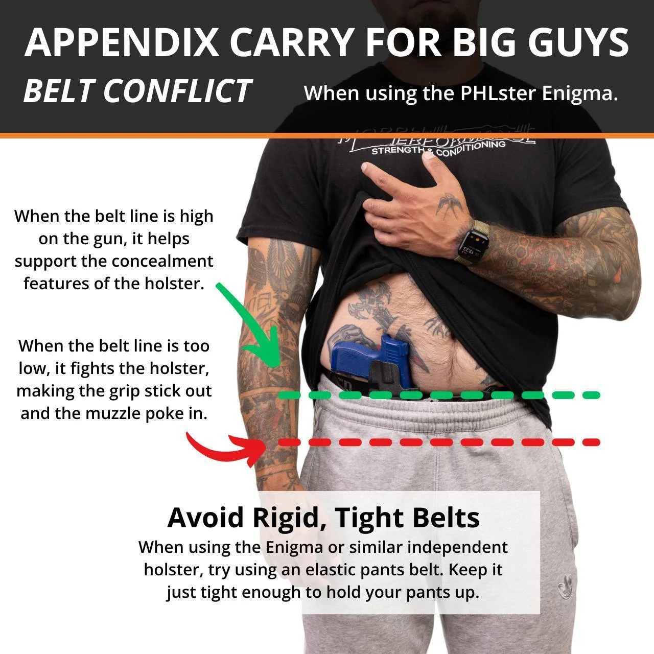 Graphic showing how big guys can use the PHLster Enigma without belt conflict.