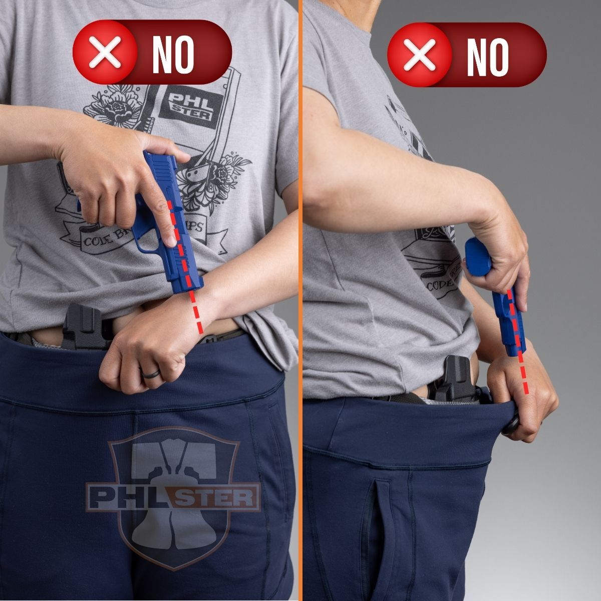 Example of unsafe gun handling: muzzle pointed at the shooter's own hand