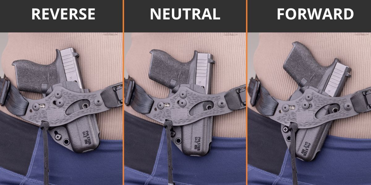 Photo comparison of reverse, neutral, and forward cant positions on the Enigma Micro.