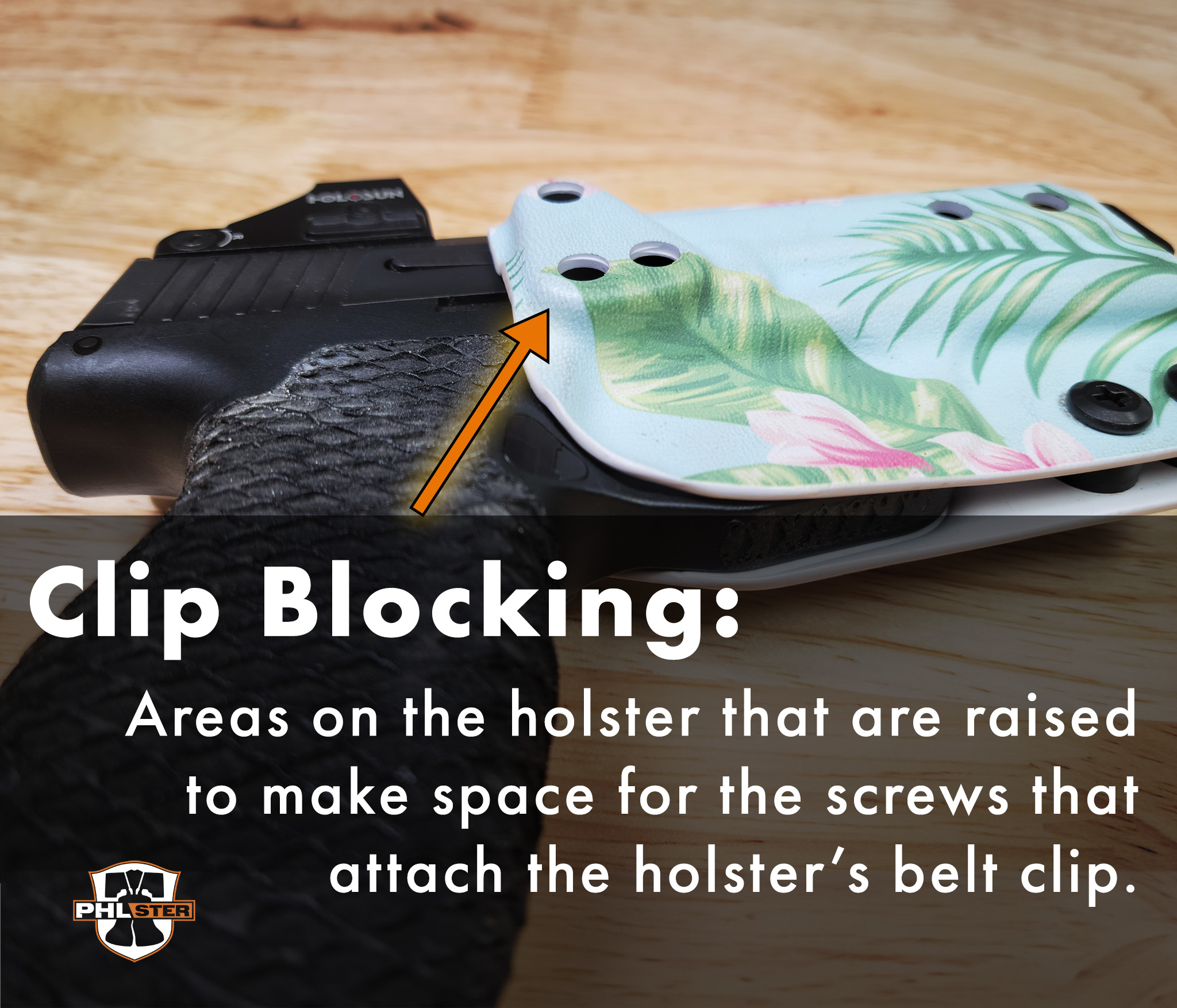 Graphic showing clip blocking on a holster.
