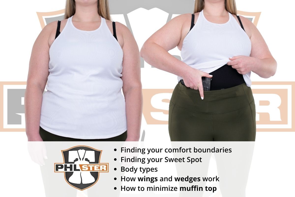 Get to know concealed carry for plus size women: finding comfort boundaries, finding your Sweet Spot, body types, how wings and wedges work, how to minimize muffin top.