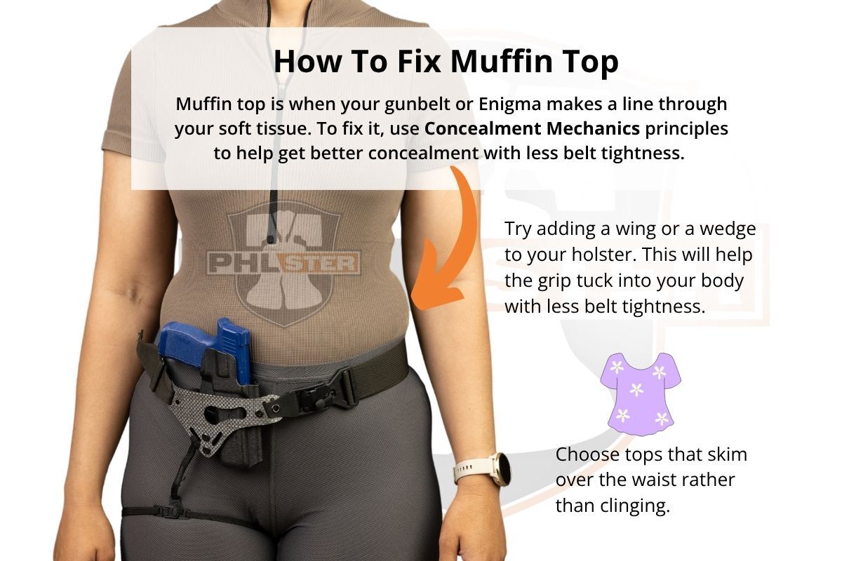 Muffin top is when your gun belt or Enigma makes a line through your soft tissue. Try adding a wing or a wedge to help the grip tuck into your body with less belt tightness. Choose tops that skim over the waist rather than clinging.