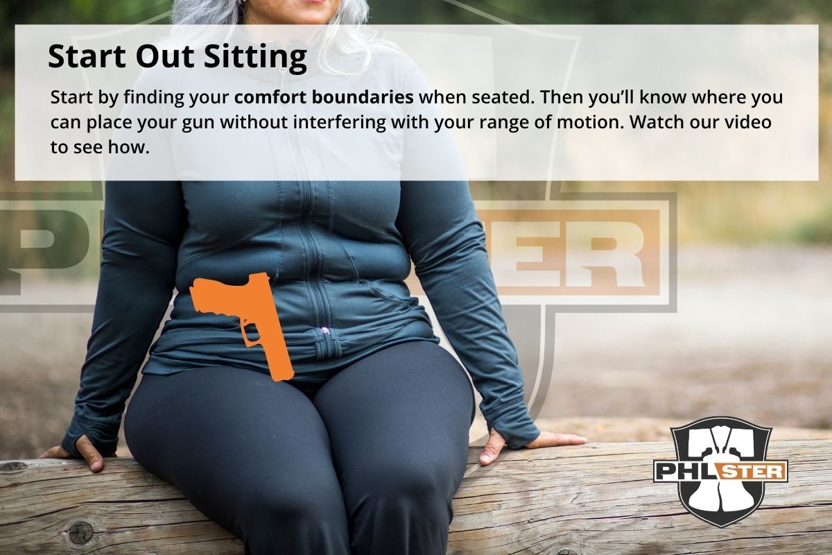 Start out sitting. Find your comfort boundaries when seated, then you'll know where you can place your gun without interfering with your range of motion.