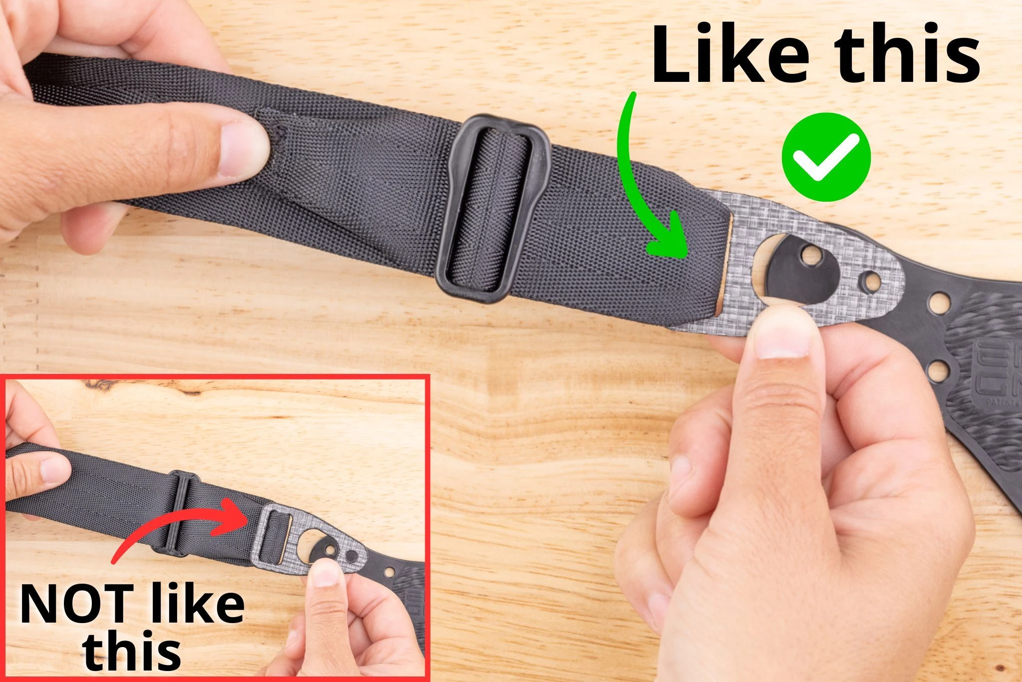 Comparison photo showing the correct belt end orientation on the Light Bearing Enigma faceplate, with the webbing passing over the top, alongside an inset showing the incorrect orientation.