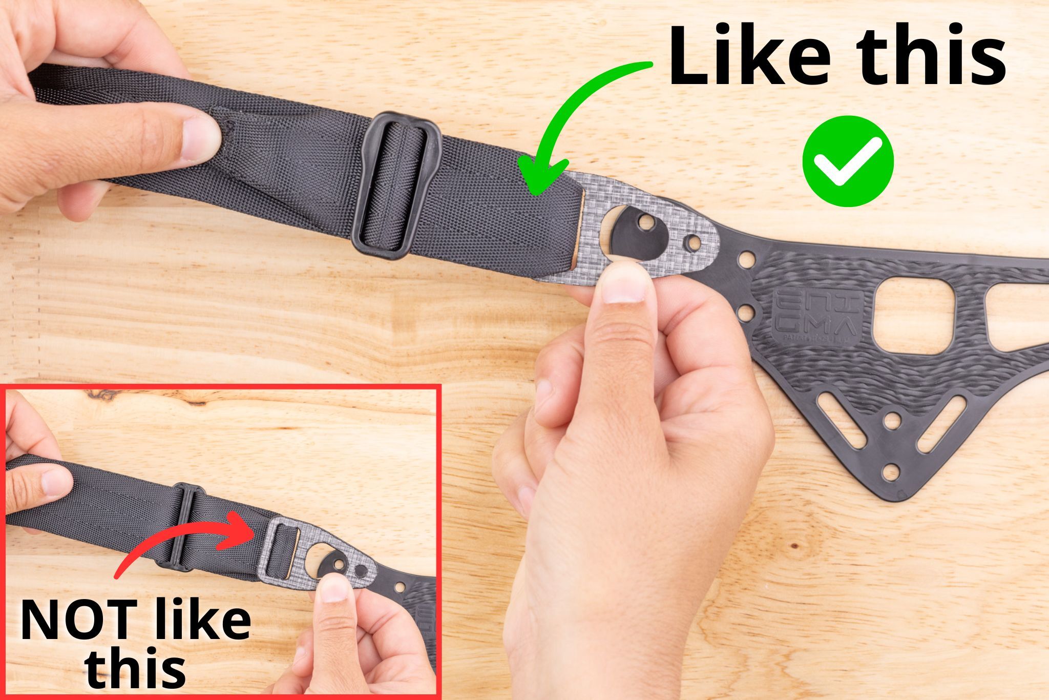 Comparison photo showing the correct belt end orientation on the faceplate, with the webbing passing over the top, alongside an inset showing the incorrect orientation.