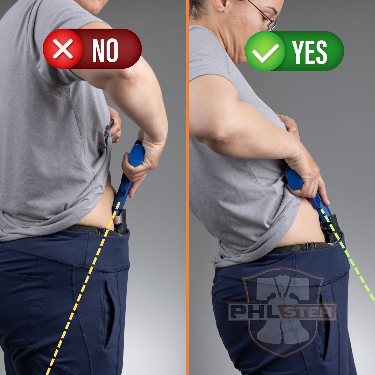 Side-by-side comparison of correct and incorrect reholstering technique
