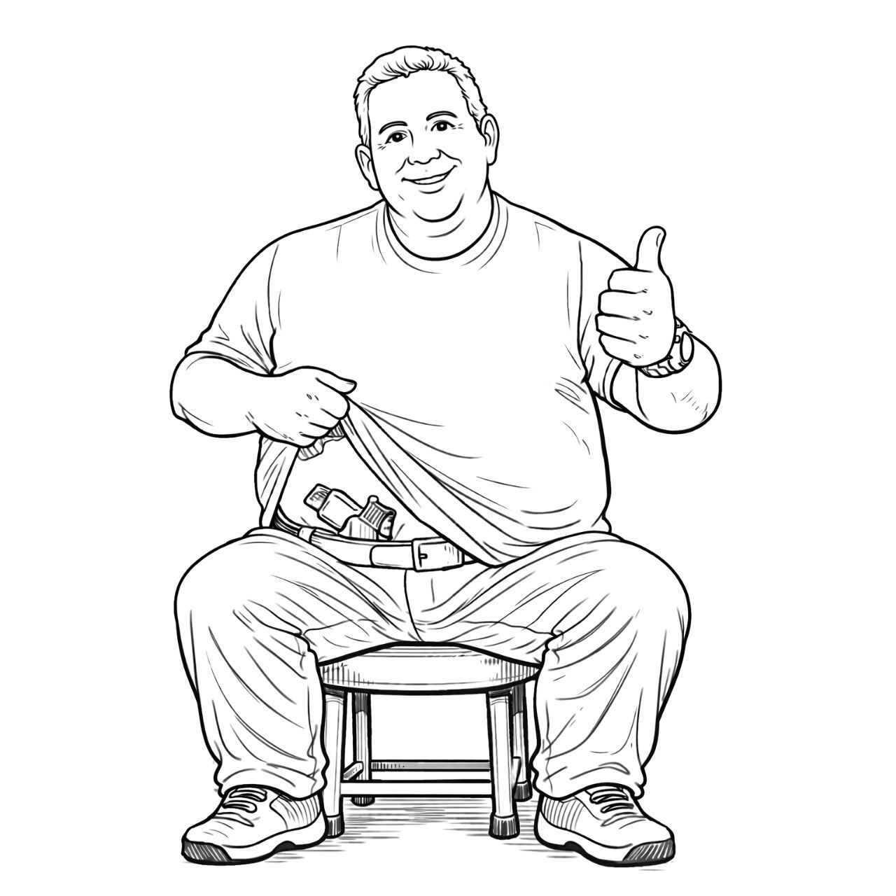 Illustration of a smiling big guy, sitting with a gun in the appendix carry position.