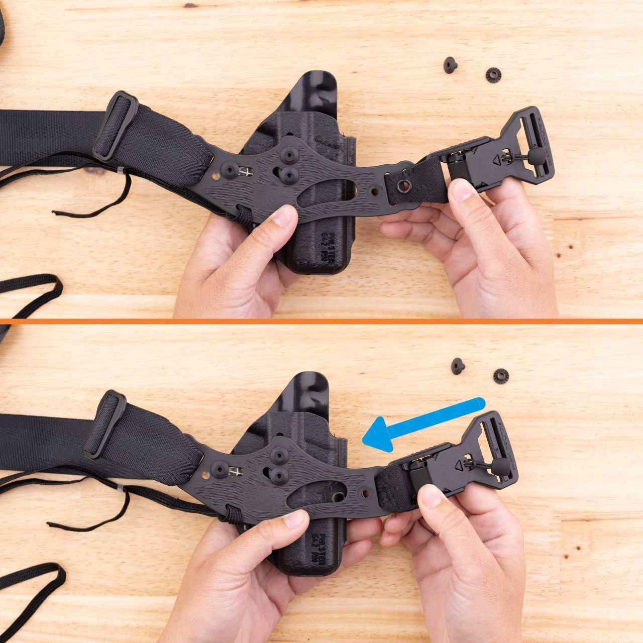Comparison photo of the Enigma Micro with buckle on the longer and shorter positions, respectively.