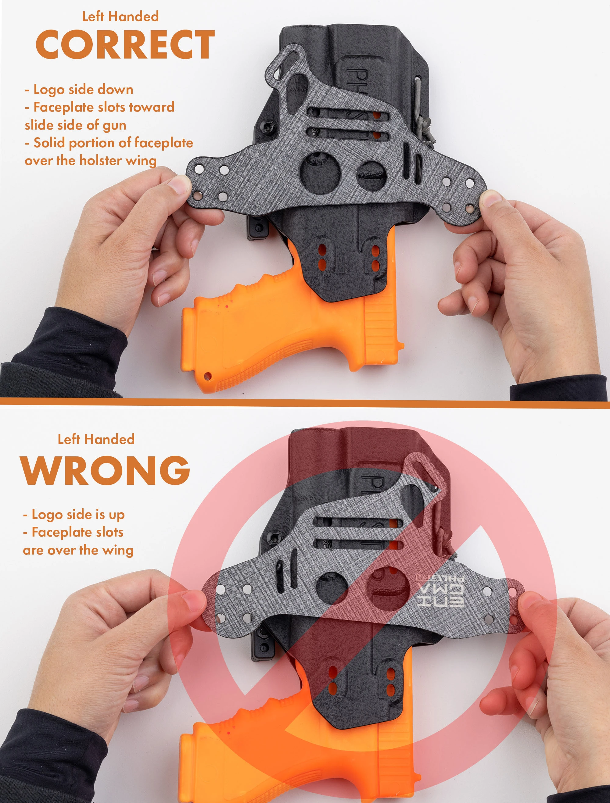 Photo comparison of correct vs incorrect faceplate orientation.
